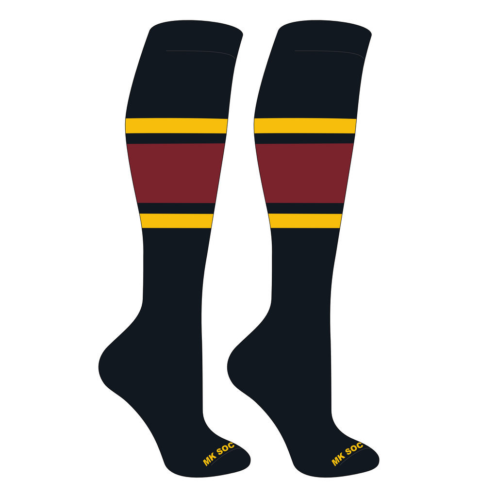 MK Socks Competitor OTC Baseball and Football Socks in Black, Gold, and Cardinal colors, designed for athletic performance with moisture-wicking yarns and arch support.