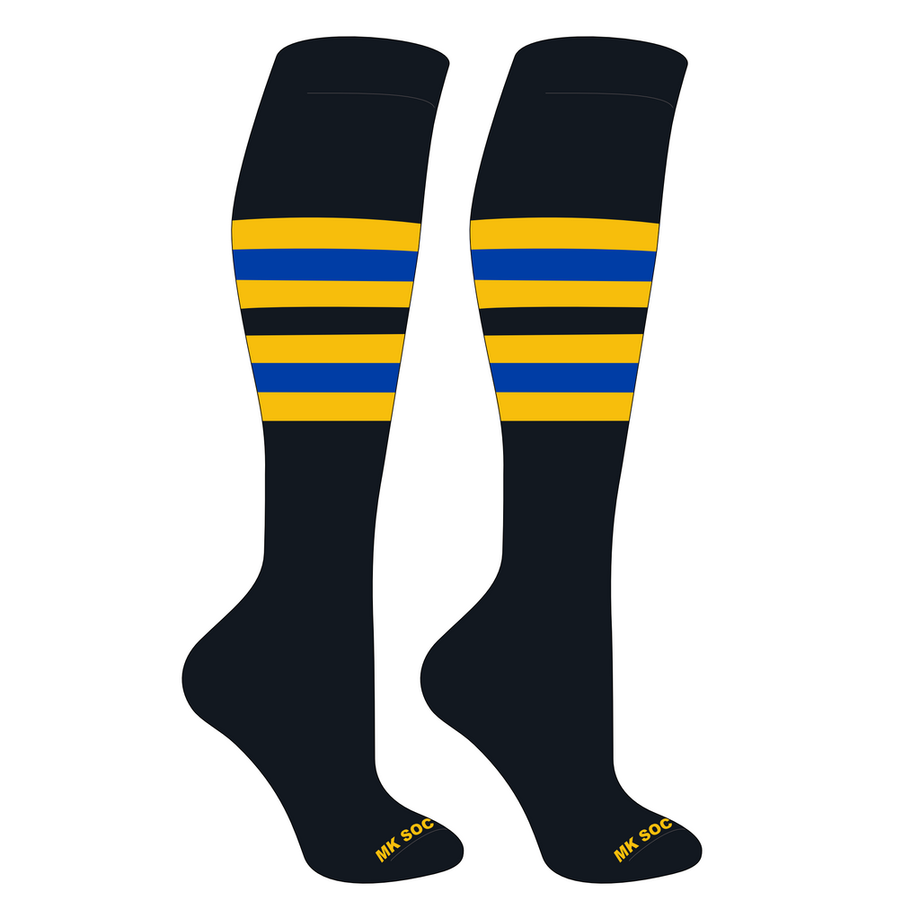 MK Socks Striped Knee High Baseball, Football Socks in Black, Gold, and Royal colors, designed for optimal comfort and performance during athletic activities.