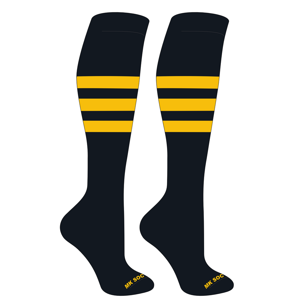 MK Socks Competitor OTC Baseball and Football Socks in Black and Gold color, designed for athletes with moisture-wicking technology and mid-knee length for optimal comfort and performance.