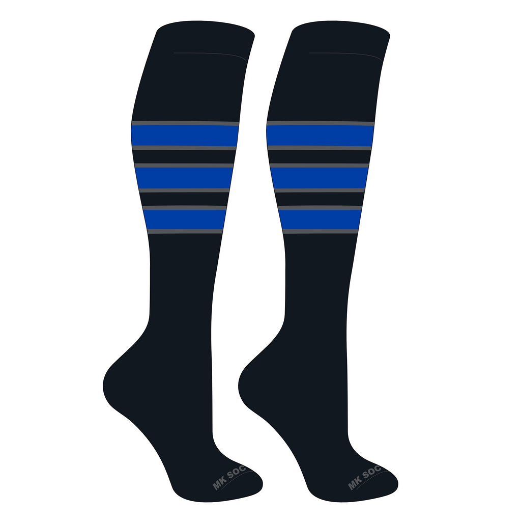 MK Socks Competitor OTC Baseball and Football Socks in Black, Granite, and Royal colors, designed for optimal performance with moisture-wicking technology, cushion support, and mid-knee length for athletes.