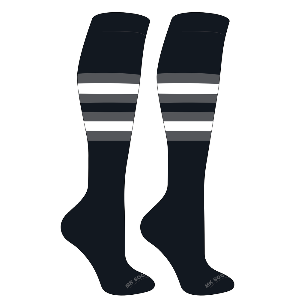 MK Socks Striped Knee High Baseball and Football Socks in Black, Granite, and White, featuring moisture-wicking technology, arch support, and a durable 3-ply nylon blend for optimal performance in sports.