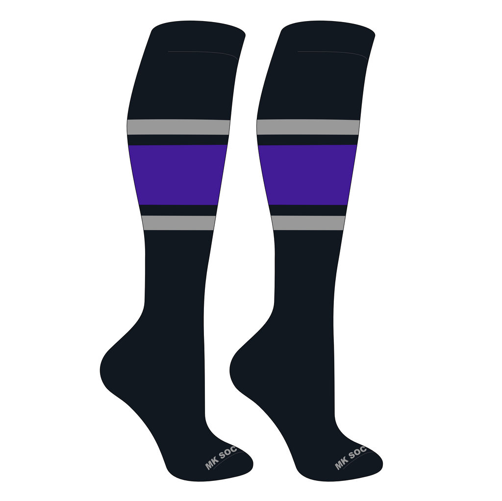 MK Socks Competitor OTC Baseball, Football Socks in Black, Grey, Purple showcasing durable fabric and arch support for peak performance.