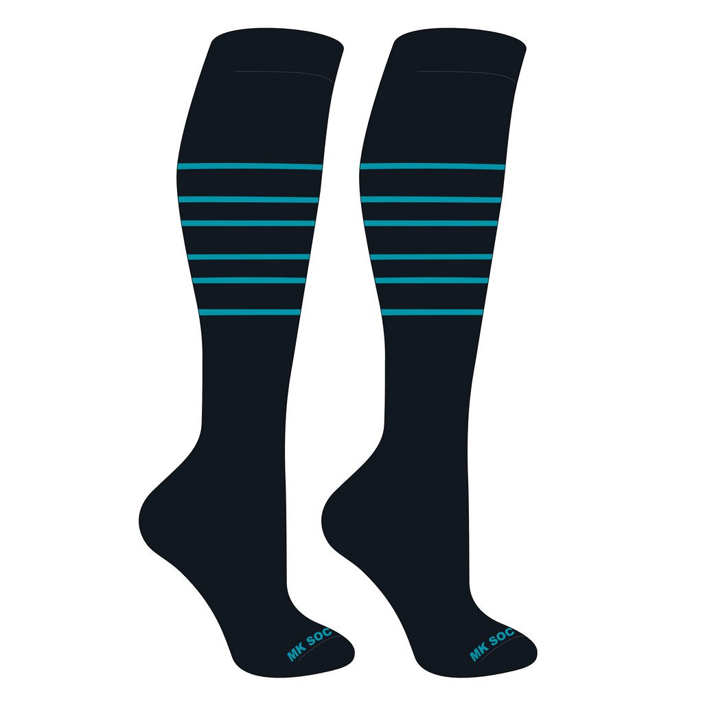 MK Socks Competitor OTC Baseball and Football Socks in Black and Marlin Teal, designed for athletes with moisture-wicking fabric and arch support for comfort during sports.