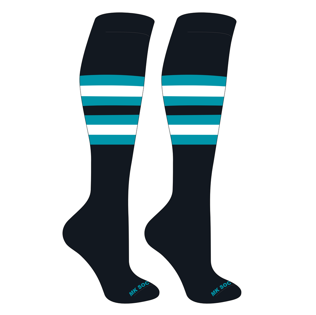 MK Socks Striped Knee High Baseball, Football Socks in Black, Marlin Teal, and White, designed for exceptional performance and comfort in athletic activities.