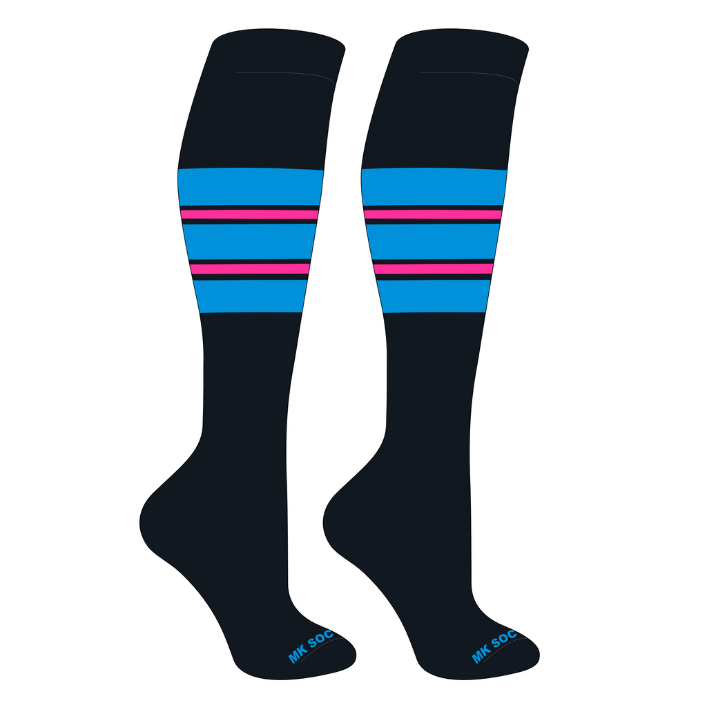 MK Socks Competitor OTC Baseball and Football Socks in Black, Neon Blue, and Hot Pink, designed for optimal performance and comfort in athletic activities.
