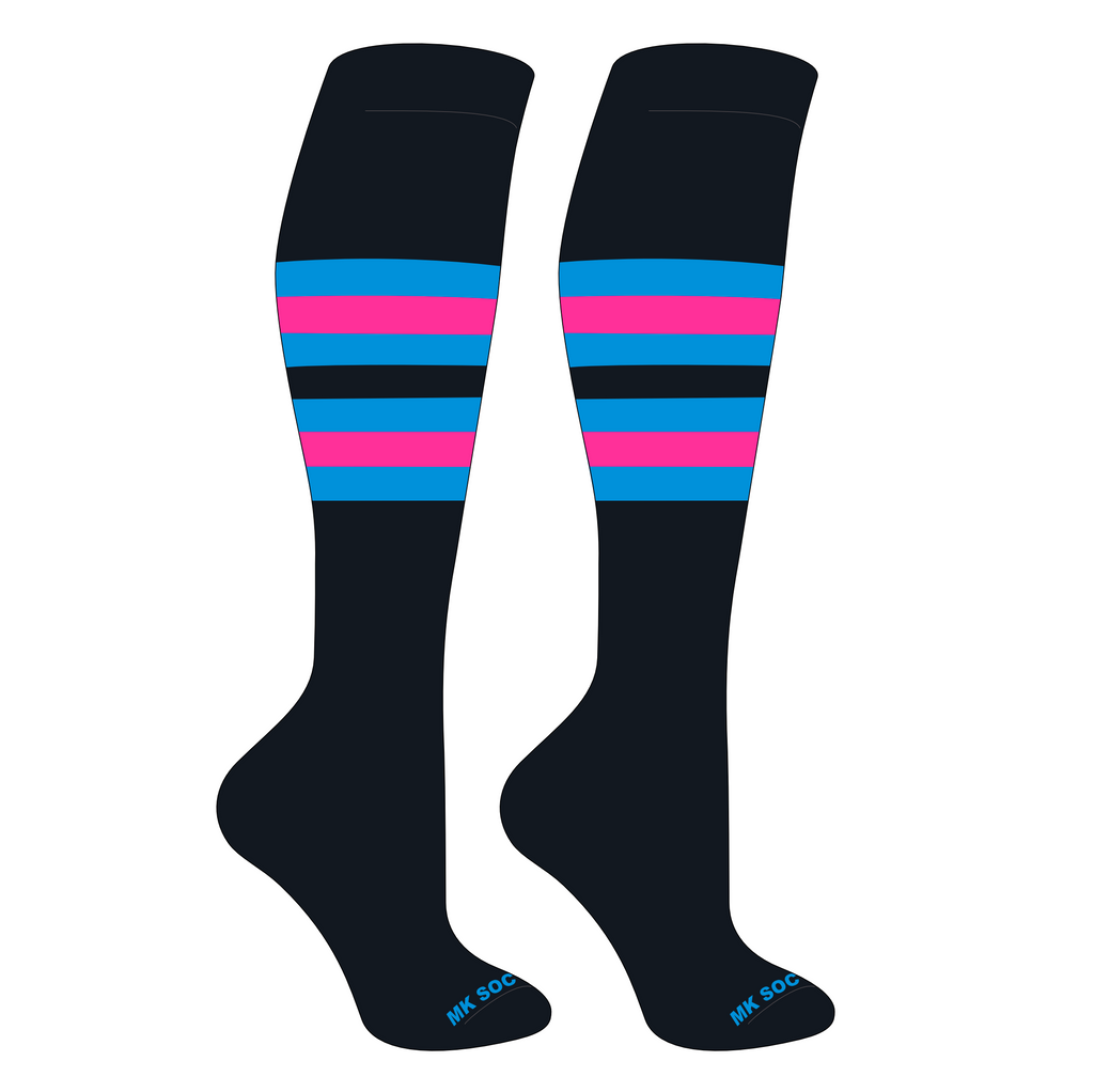 MK Socks Striped Knee High Baseball, Football Socks for women in black with neon blue and hot pink accents, designed for peak athletic performance, featuring moisture-wicking yarns and arch support.