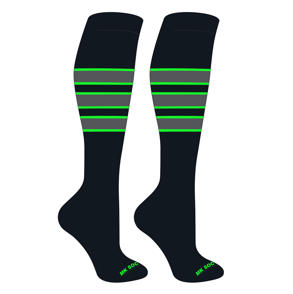 MK Socks Competitor OTC Baseball and Football Socks in Black, Neon Green, and Granite colors, designed for performance with moisture-wicking technology, arch support, and durable 3-ply nylon blend, perfect for athletes.