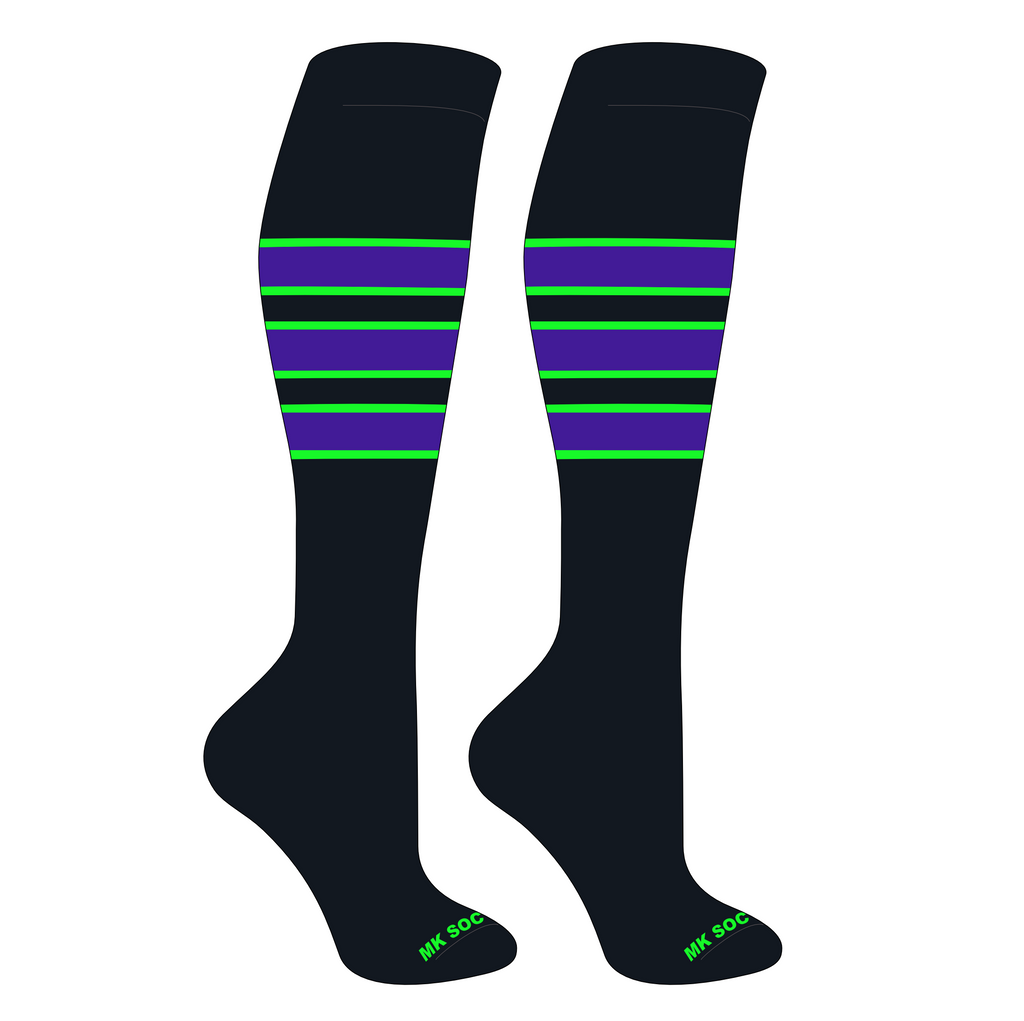 MK Socks Competitor OTC Baseball and Football Socks in Black, Neon Green, Purple colors, designed for high performance and comfort during sports activities.