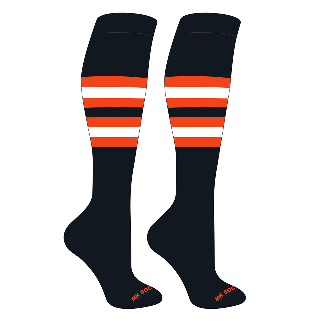 MK Socks Striped Knee High Baseball, Football Socks in black, orange, and white showcasing their durable 3-ply nylon blend construction and moisture-wicking properties, ideal for athletes in baseball, football, soccer, and volleyball.