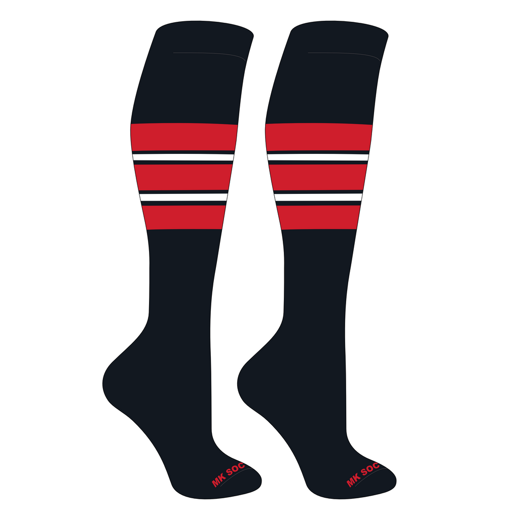 MK Socks Competitor OTC Baseball, Football Socks in Black, Red, and White color, designed for optimal performance and comfort during athletic activities.