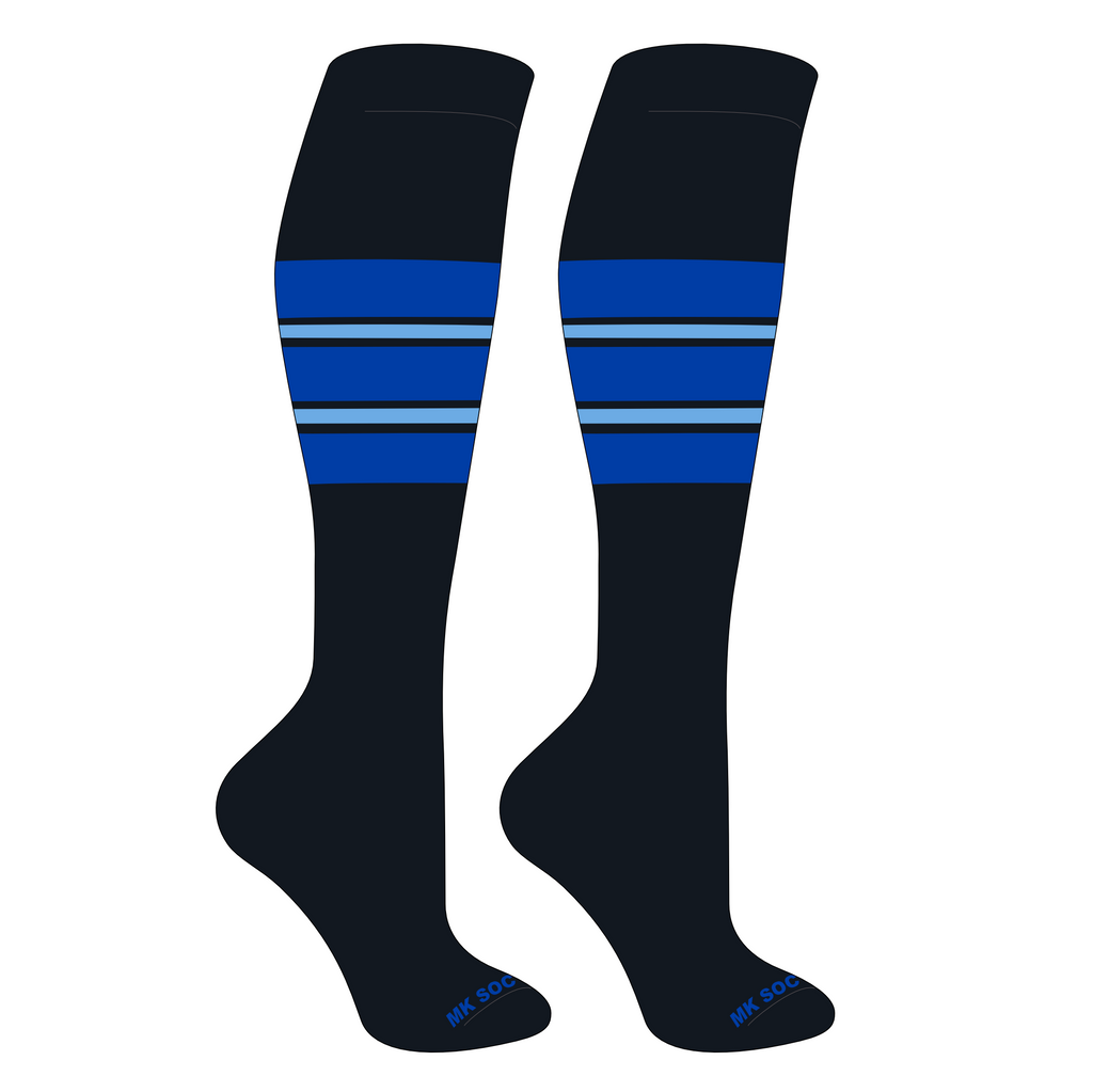 MK Socks Competitor OTC Baseball and Football Socks in Black, Royal, and Columbia Blue colors, designed for athletic performance with moisture management and cushioning features.