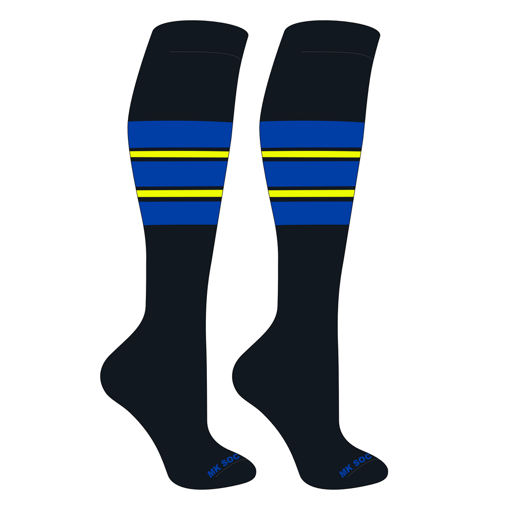 MK Socks Competitor OTC Baseball, Football Socks in black, royal, and neon yellow colors, designed for optimal performance and comfort in athletic activities.