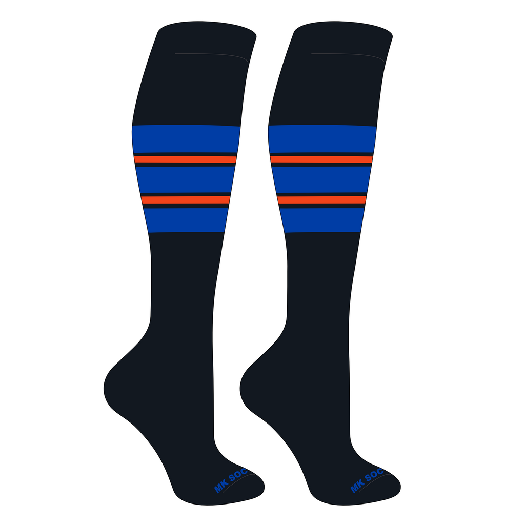 MK Socks Competitor OTC Baseball and Football Socks in Black, Royal Blue, and Orange color, designed for athletes with moisture-wicking technology and mid-knee length for optimal performance.