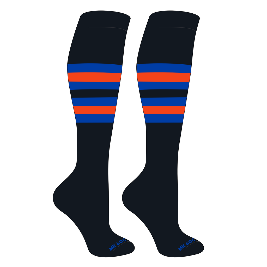 MK Socks Striped Knee High Baseball, Football Socks in Black, Royal, and Orange, designed for comfort and durability during athletic activities.