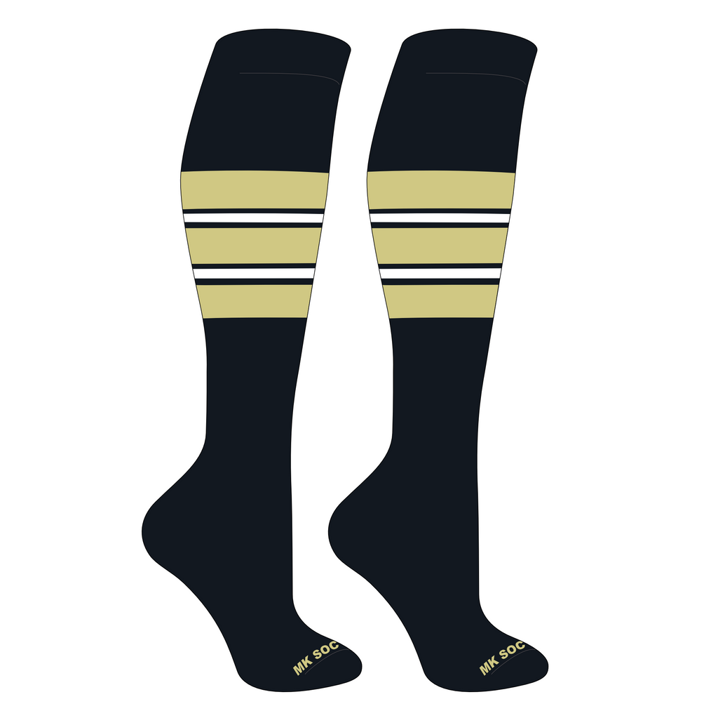 MK Socks Competitor OTC Baseball and Football Socks in black, Vegas gold, and white colors, designed for optimal performance and support during athletic activities.