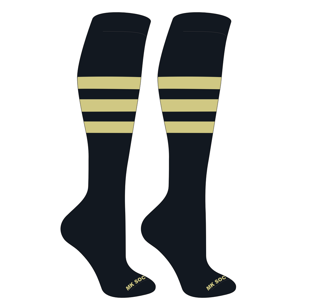 MK Socks Competitor OTC Baseball, Football Socks in Black and Vegas Gold, designed for athletic performance with moisture-wicking yarns and arch support, ideal for sports enthusiasts.