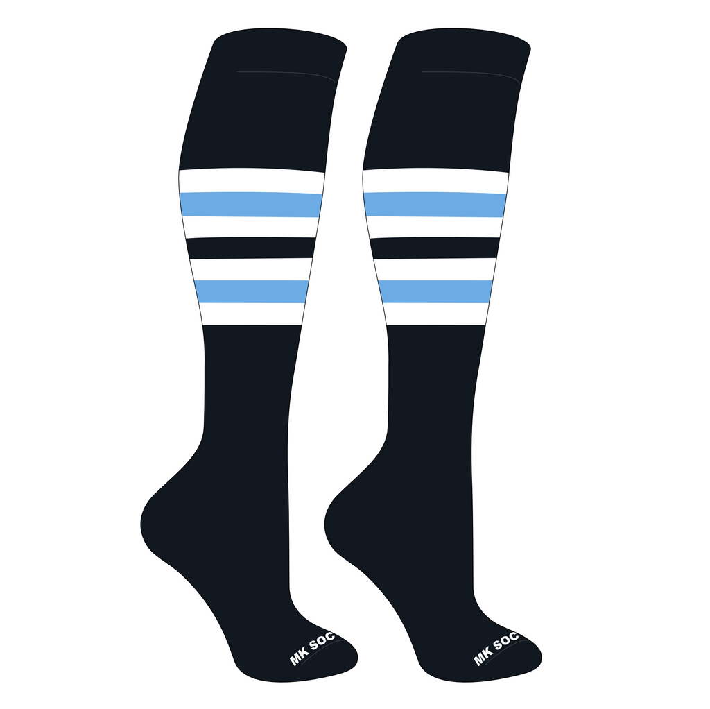 MK Socks Striped Knee High Baseball, Football Socks in Black, White, and Columbia Blue designed for optimal performance in sports. Features include moisture management, arch support, and mid-knee length, ideal for athletes.