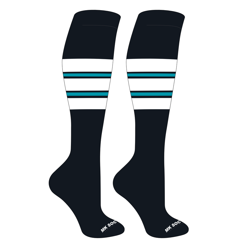 MK Socks Competitor OTC Baseball, Football Socks in Black, White, and Marlin Teal designed for optimal performance, featuring moisture-wicking technology, arch support, and graduated compression for comfort during athletic activities.