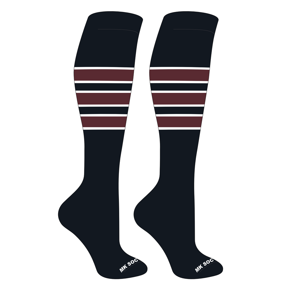 MK Socks Competitor OTC Baseball and Football Socks in black, white, and maroon. Designed for athletes, these durable mid-knee length socks provide moisture-wicking comfort, arch support, and graduated compression for performance during games and training.