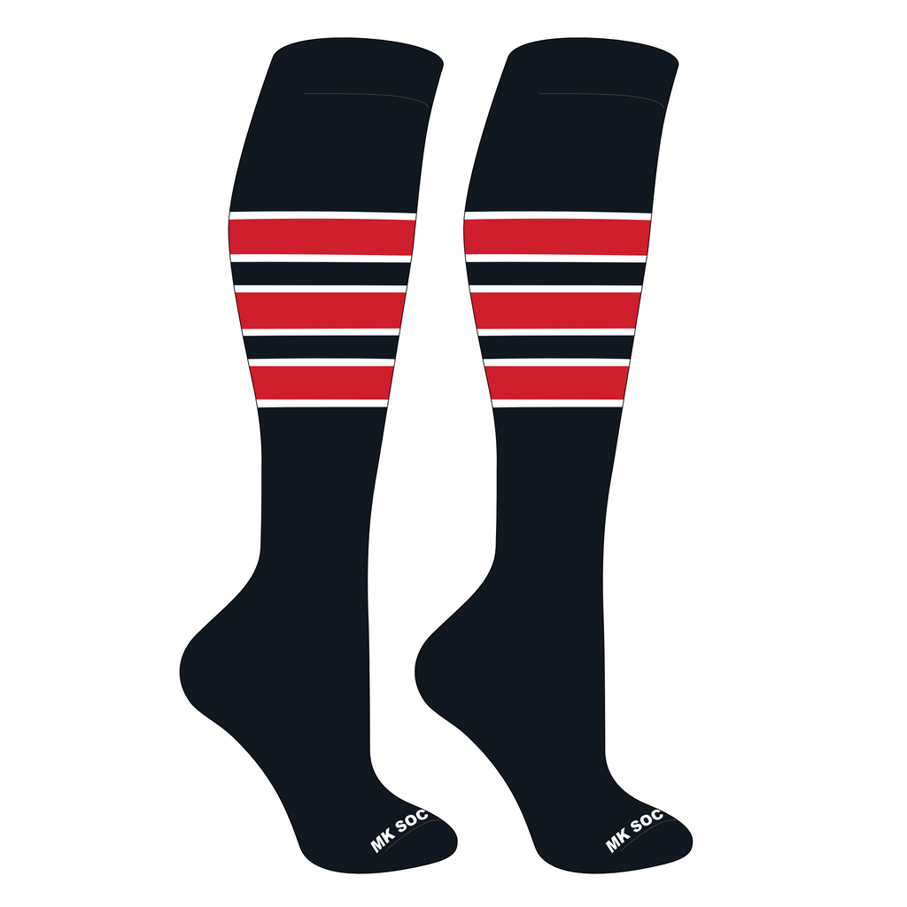 MK Socks Competitor OTC Baseball and Football Socks in black, white, and red color options, designed for optimal performance, featuring moisture-wicking yarns, arch support, and graduated leg compression for athletes.