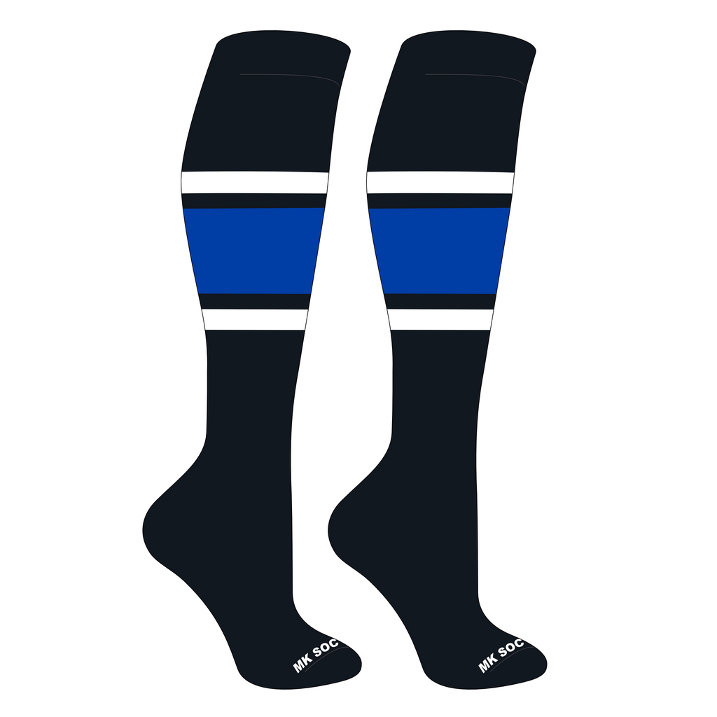 MK Socks Competitor OTC Baseball and Football Socks in Black, White, and Royal colors, designed for optimal performance and comfort during sports.