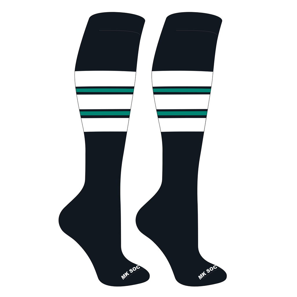 MK Socks Competitor OTC Baseball, Football Socks in Black, White, and Teal, designed for optimal performance with moisture-wicking technology, cushioned footbed, and graduated compression for sports enthusiasts and professionals.