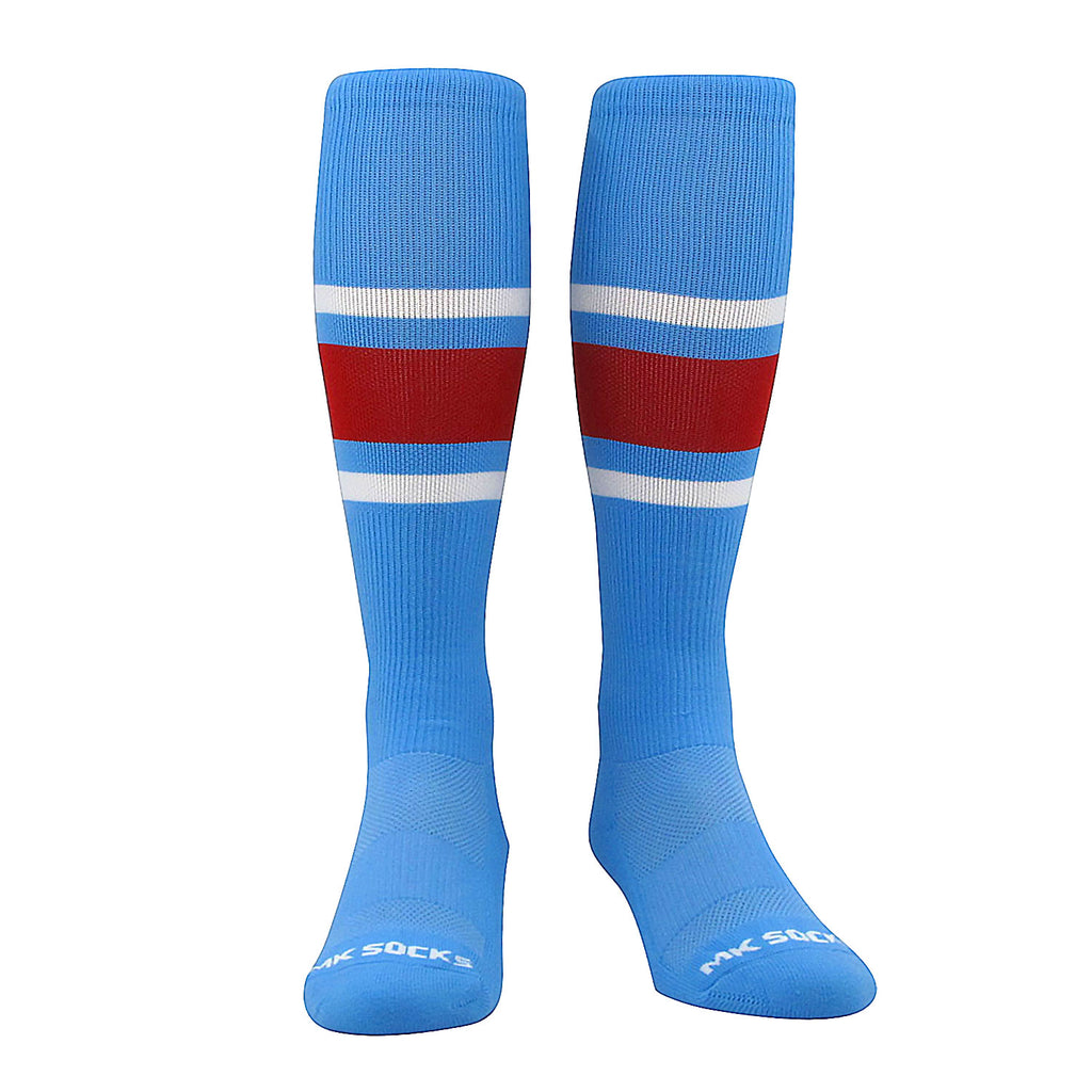 Striped knee high socks by MK Socks made for sports like baseball, football, soccer, and volleyball