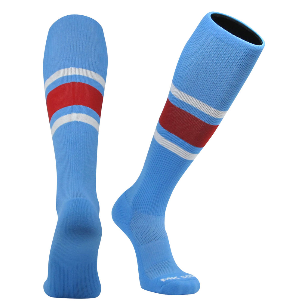 Striped knee high socks by MK Socks made for sports like baseball, football, soccer, and volleyball