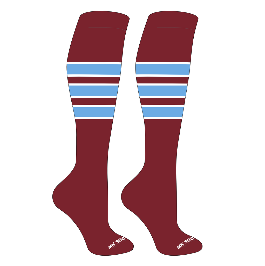 MK Socks Competitor OTC Baseball and Football Socks in Cardinal, White, and Columbia Blue color, designed for optimal performance in sports with features like moisture management, arch support, and mid-knee length for maximum comfort.