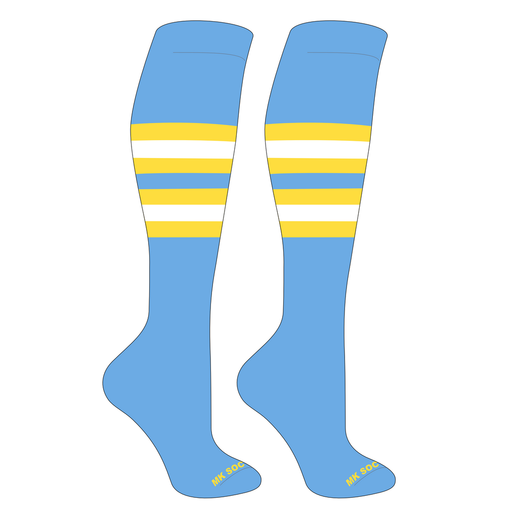 MK Socks Striped Knee High Baseball and Football Socks in Columbia Blue, Yellow, and White, designed for superior performance and moisture management.