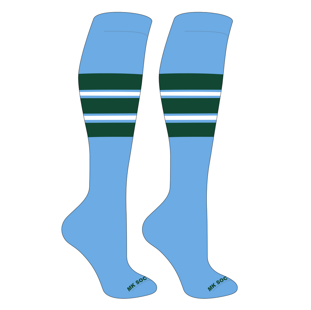 MK Socks Competitor OTC Baseball, Football Socks in Columbia Blue, Dark Green, and White, featuring durable 3-ply nylon blend and moisture-wicking technology for optimal athletic performance.