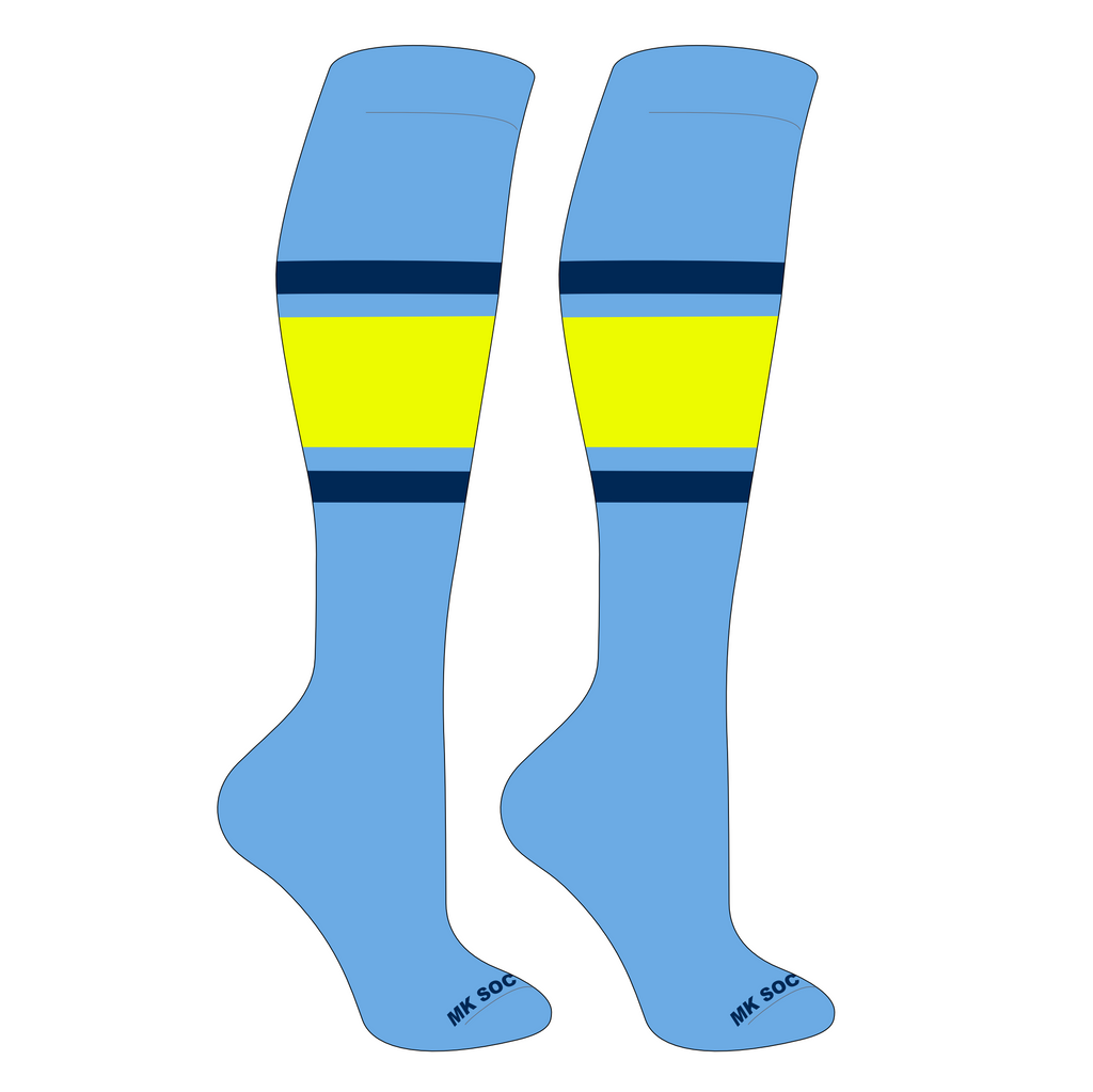 MK Socks Competitor OTC Baseball and Football Socks in Columbia Blue, Navy, and Neon Yellow, featuring moisture management yarns and arch support.
