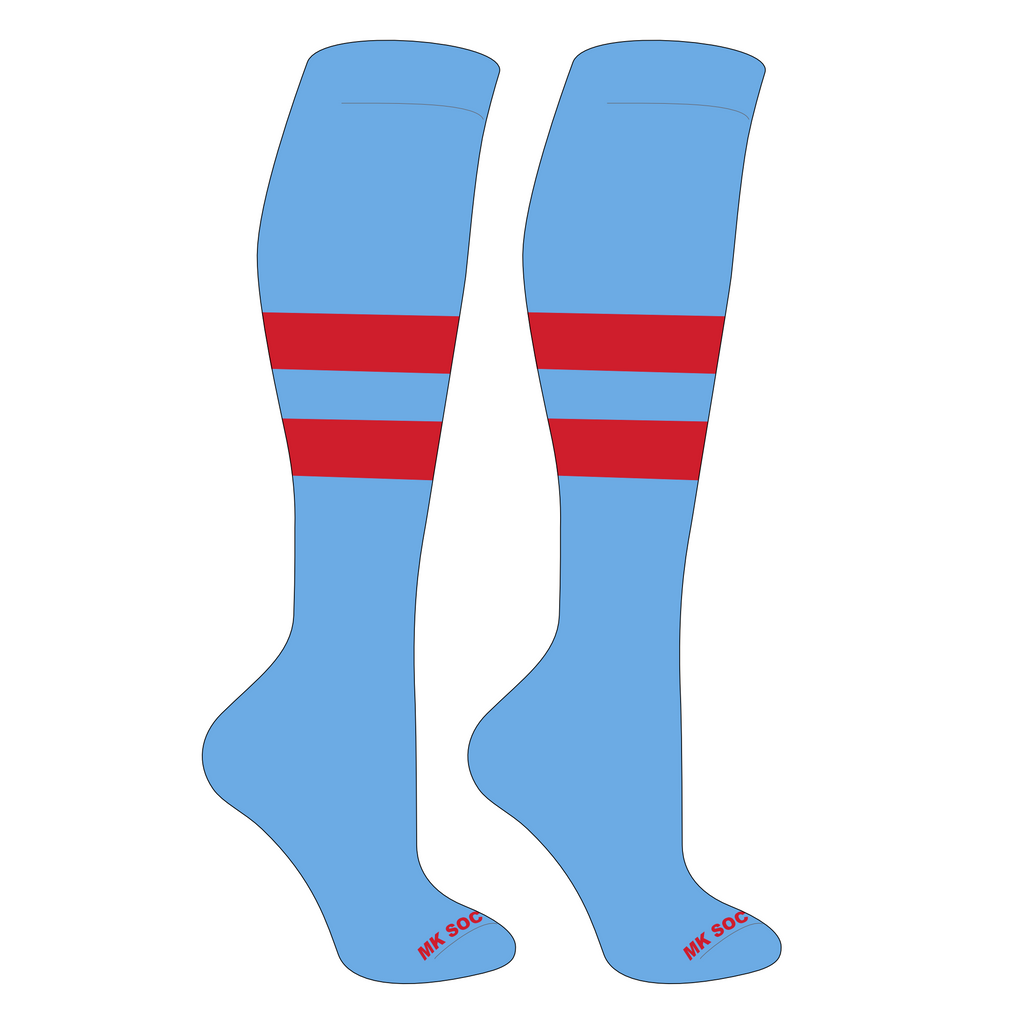 MK Socks Competitor OTC Baseball and Football Socks in Columbia Blue and Red, perfect for athletes seeking comfort, durability, and moisture management during intense sports activities.