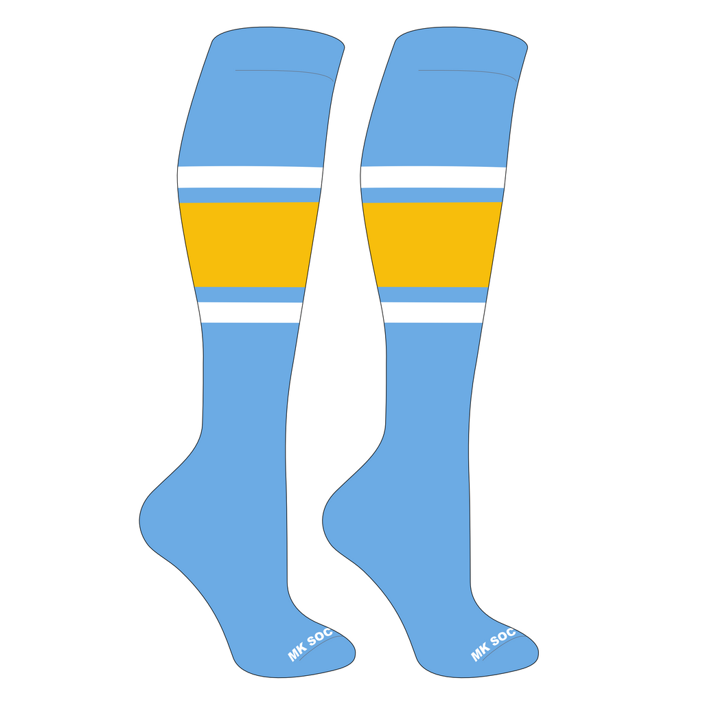 Mk Socks Competitor OTC Baseball, Football Socks in Columbia Blue, White, and Gold, designed for peak performance and comfort during sports activities.
