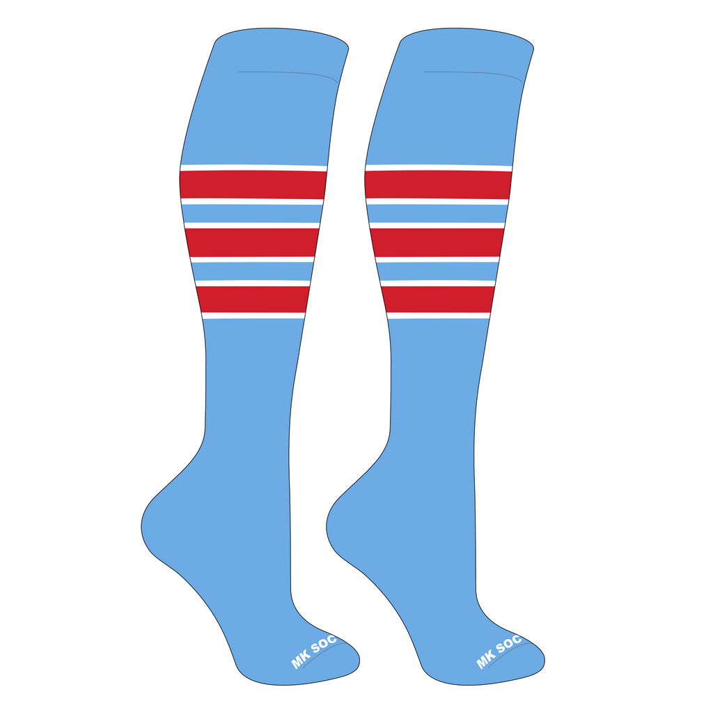 MK Socks Competitor OTC Baseball and Football Socks in Columbia Blue, White, and Red colors, designed for optimal performance and comfort in athletic activities.