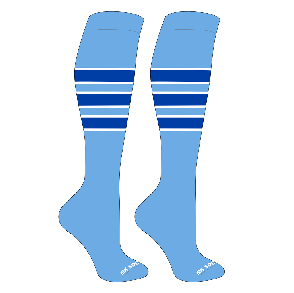 MK Socks Competitor OTC Baseball and Football Socks in Columbia Blue, White, and Royal colors, designed for optimal comfort and performance in athletic sports.