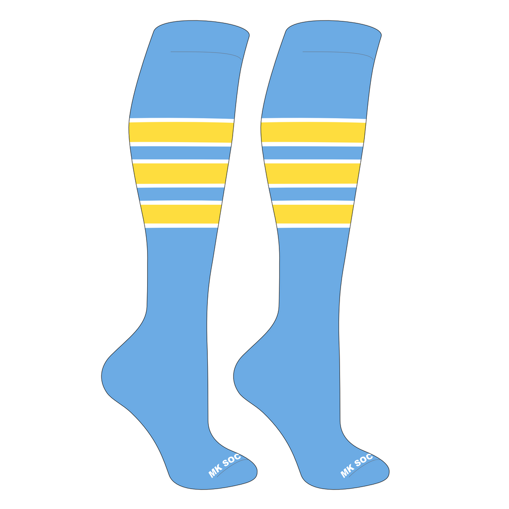 MK Socks Competitor OTC Baseball and Football Socks in Columbia Blue, White, Yellow featuring durable 3-ply nylon blend, arch support, and moisture-wicking technology, ideal for sports enthusiasts.