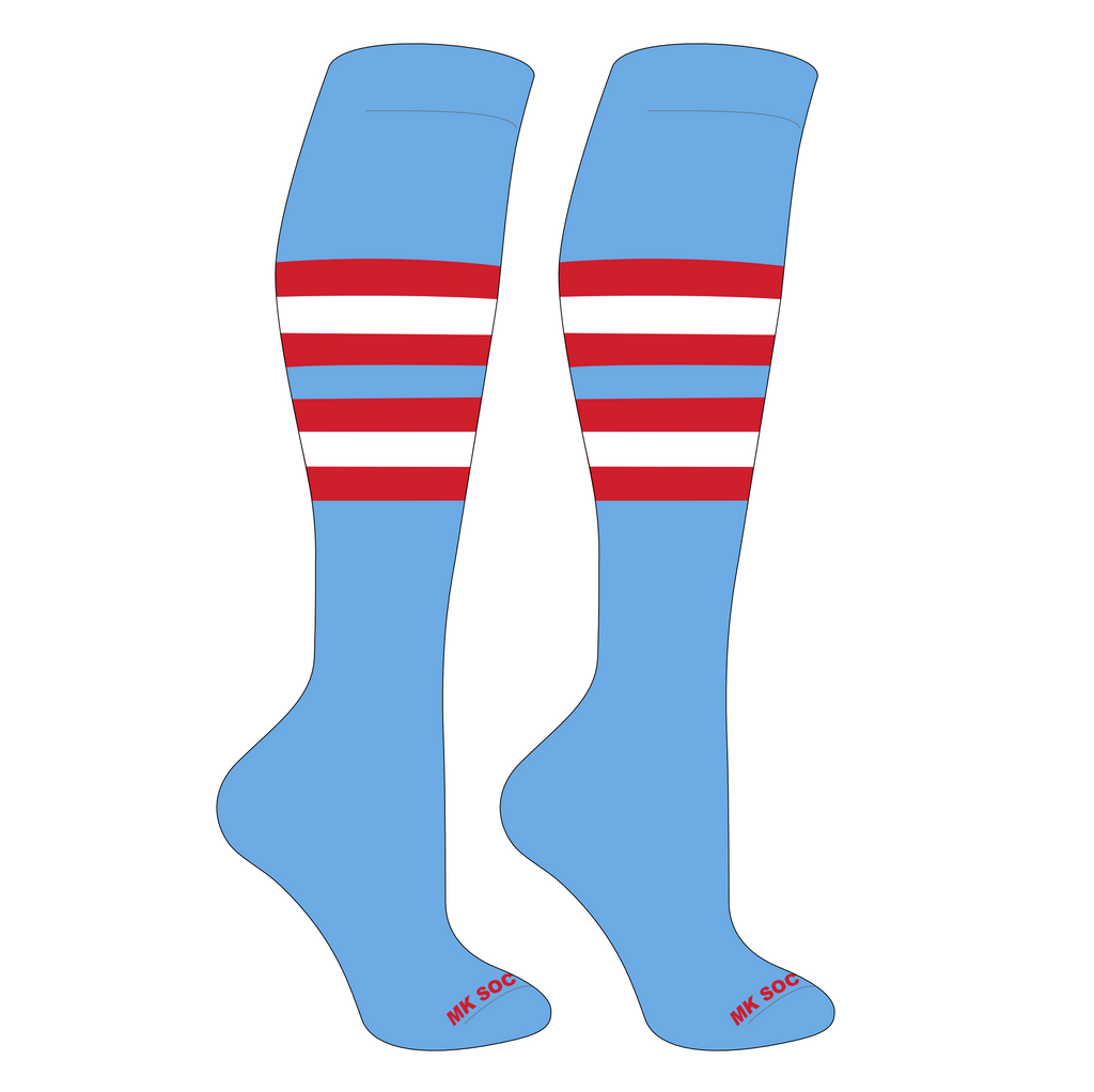 MK Socks Striped Knee High Baseball and Football Socks in Columbia Blue, Red, and White for athletic performance, featuring moisture-wicking technology and cushioned footbed.