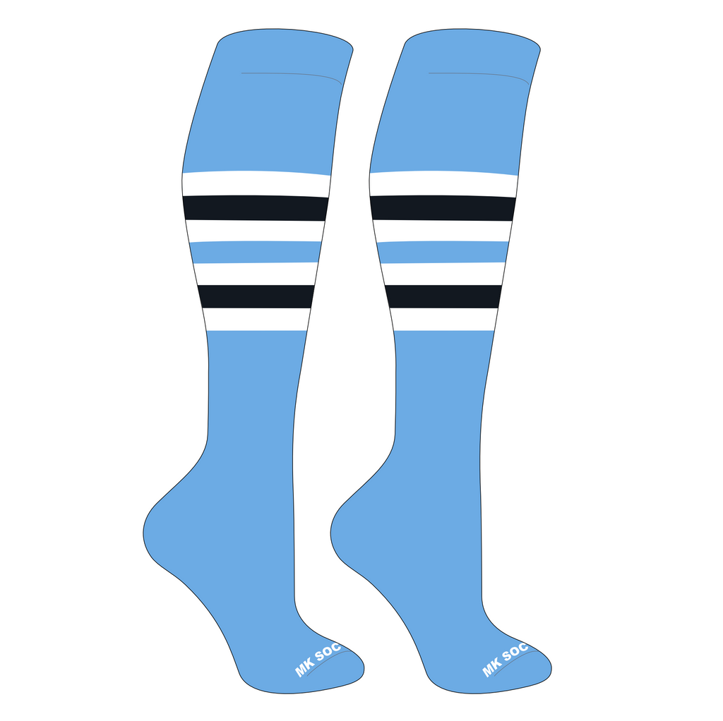 MK Socks Striped Knee High Baseball, Football Socks in Columbia Blue, White, and Black, featuring moisture management yarn, arch support, and a durable 3-ply nylon blend, ideal for athletes on the field.
