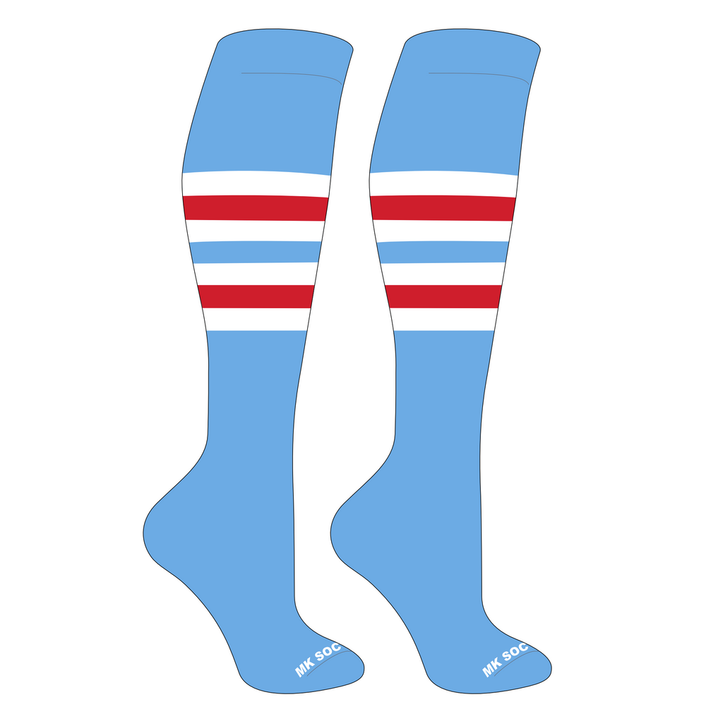 MK Socks Striped Knee High Baseball and Football Socks in Columbia Blue, White, and Red, designed for optimal performance and comfort during sports activities.