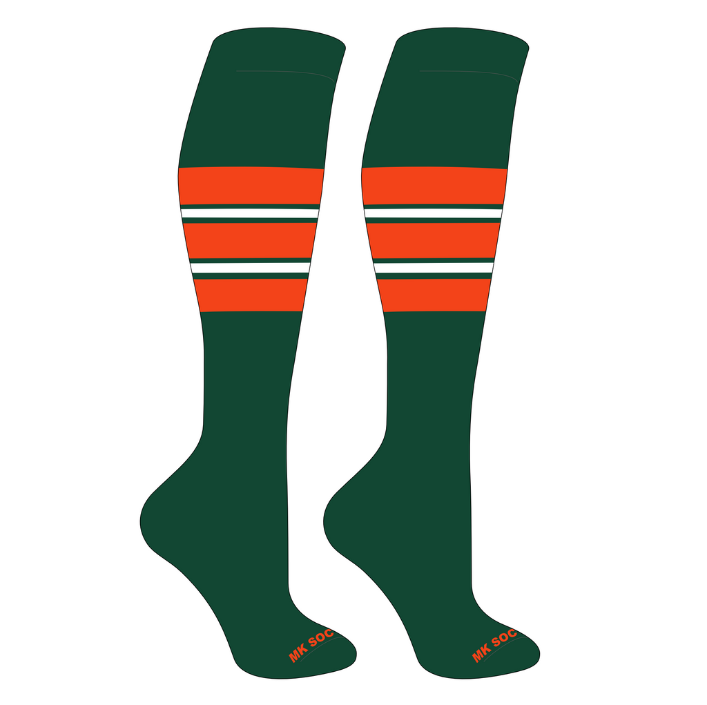 MK Socks Competitor OTC Baseball and Football Socks in Dark Green, Orange, and White color scheme, designed for optimal performance, featuring moisture-wicking technology, arch support, and mid-knee length ideal for athletes.