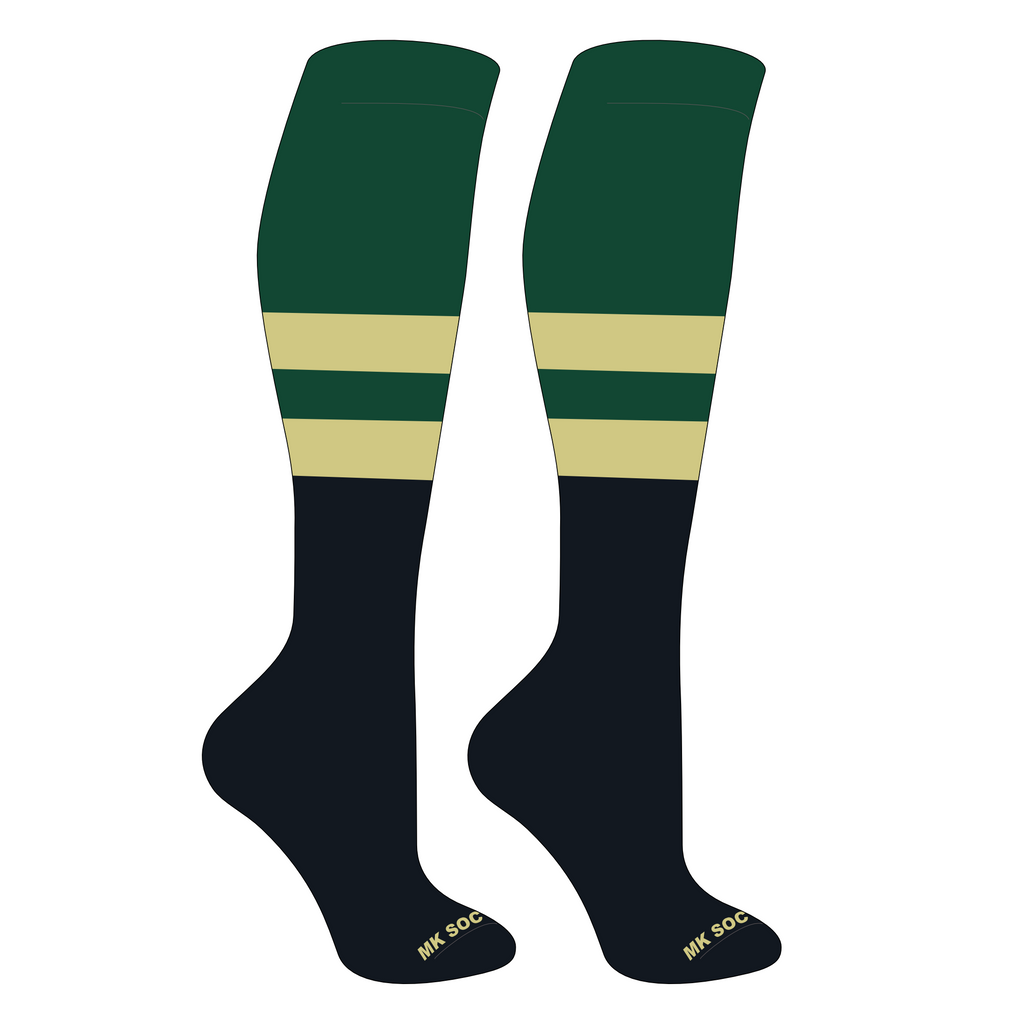 MK Socks Competitor OTC Baseball and Football Socks in Dark Green, Vegas Gold, and Black, designed for optimal performance and comfort during sports activities.