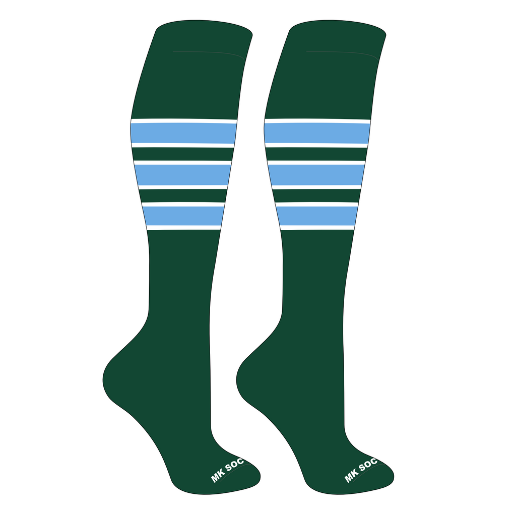 MK Socks Competitor OTC Baseball, Football Socks in Dark Green, White, and Columbia Blue featuring moisture-wicking technology, arch support, and mid-knee length design for optimal comfort and performance during athletic activities.