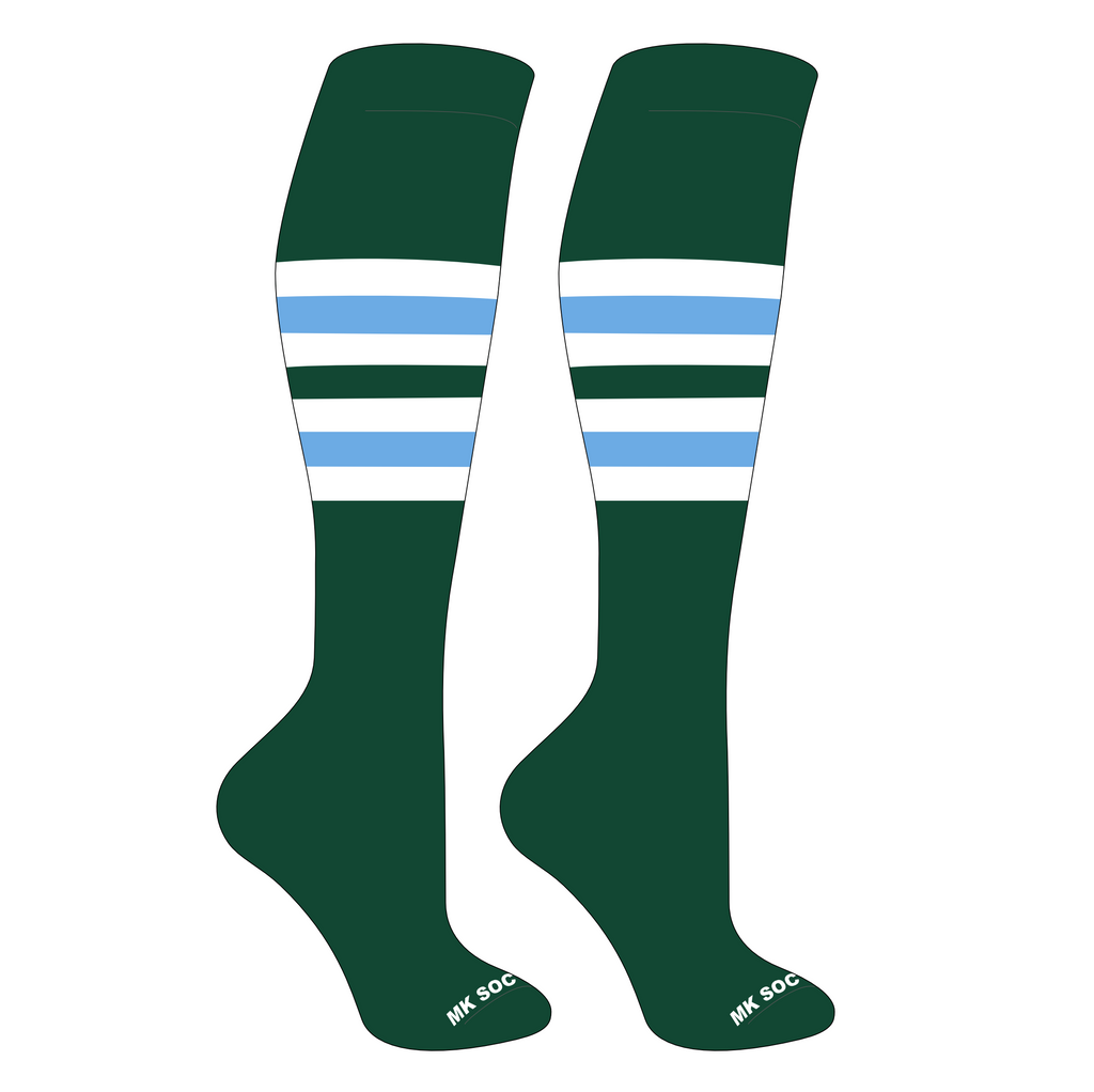 MK Socks Striped Knee High Baseball, Football Socks in Dark Green, White, and Columbia Blue. Ideal for athletes, crafted for performance with moisture-wicking yarns, arch support, and mid-knee length for enduring comfort during play.