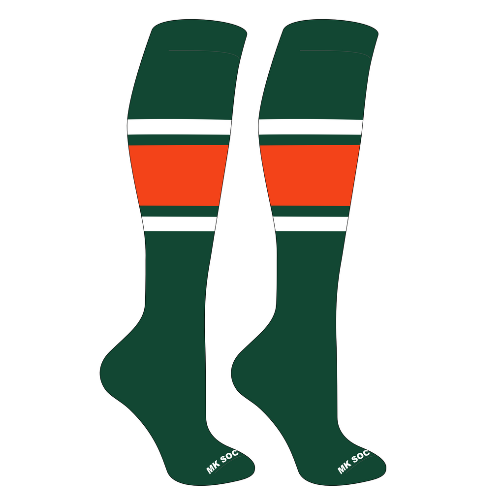 MK Socks Competitor OTC Baseball and Football Socks in Dark Green, White, and Orange, designed for athletes.