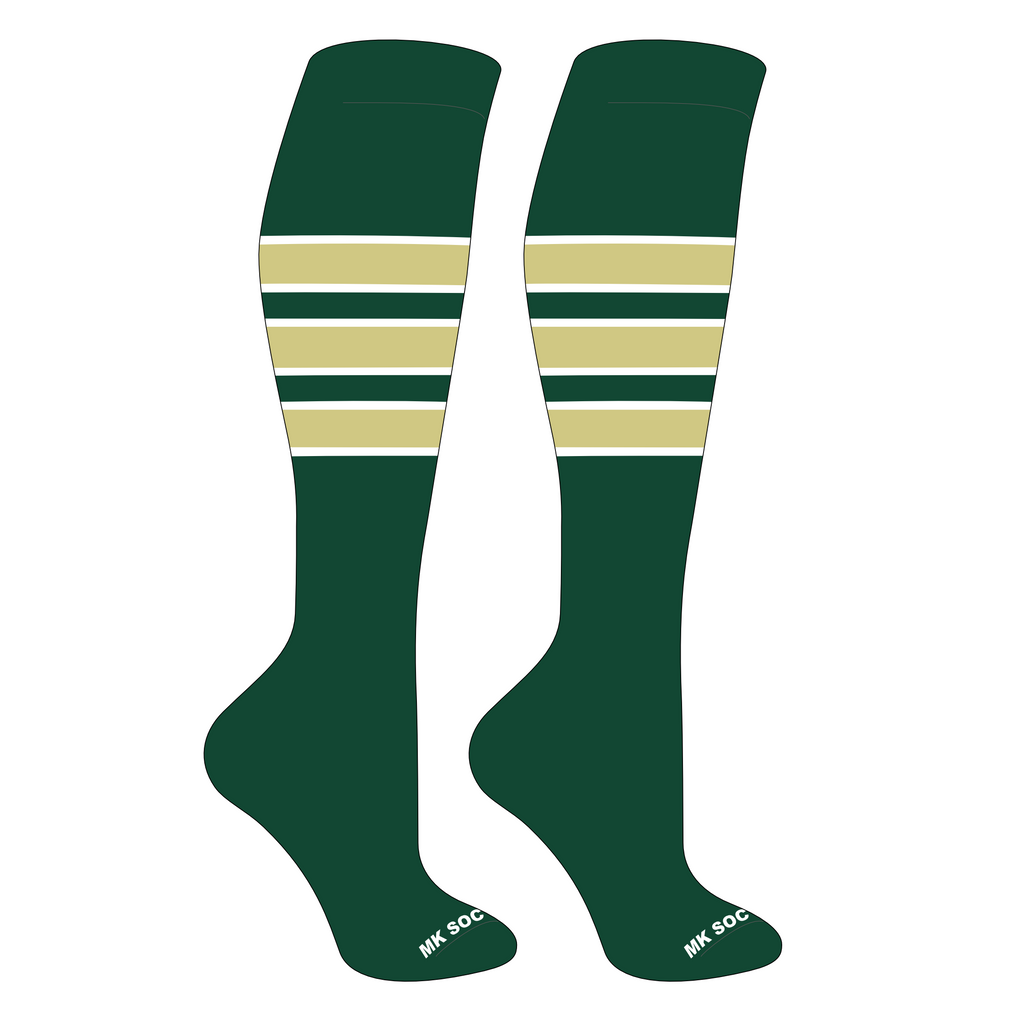 MK Socks Competitor OTC Baseball and Football Socks in Dark Green, White, and Vegas Gold, designed for optimal performance and comfort during athletic activities.