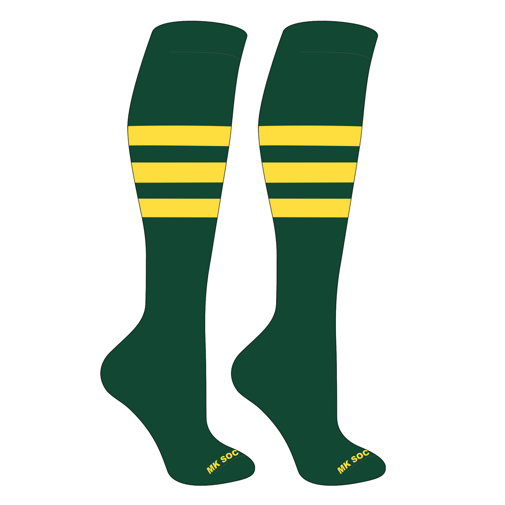 MK Socks Competitor OTC Baseball, Football Socks in Dark Green and Yellow for optimal performance and comfort during athletic activities.