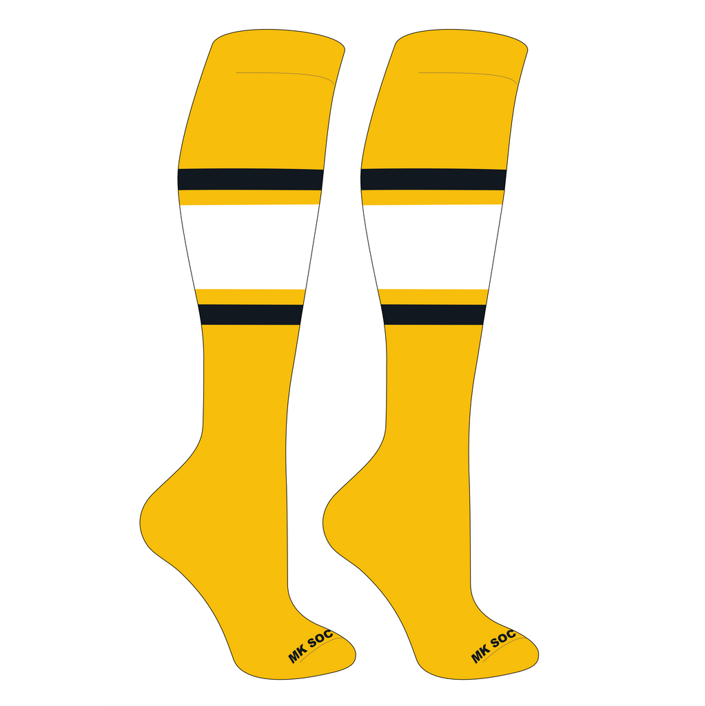 MK Socks Competitor OTC Baseball, Football Socks in Gold, Black, White showcasing athletic design and moisture-wicking fabric.