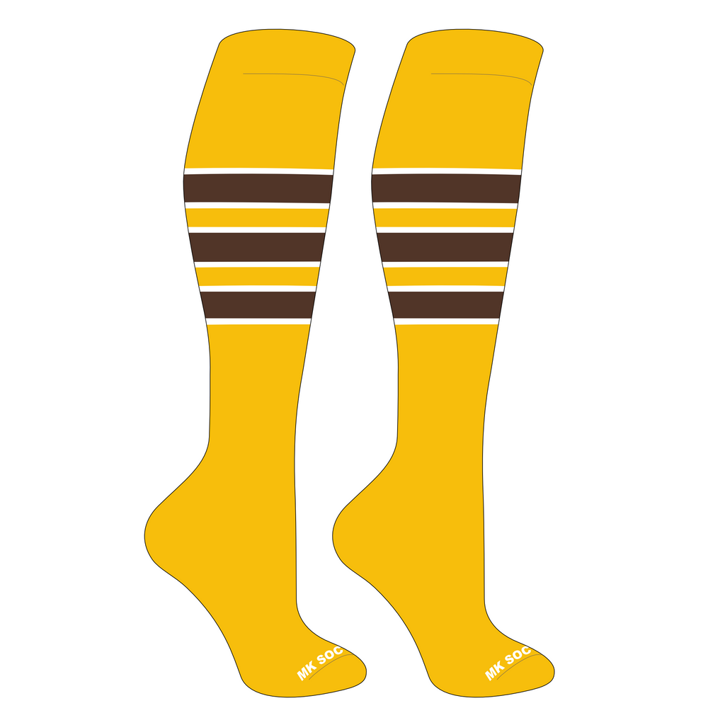 MK Socks Competitor OTC Baseball, Football Socks in Gold, White, Brown - Perfect for enhancing athletic performance with moisture-wicking technology and arch support.