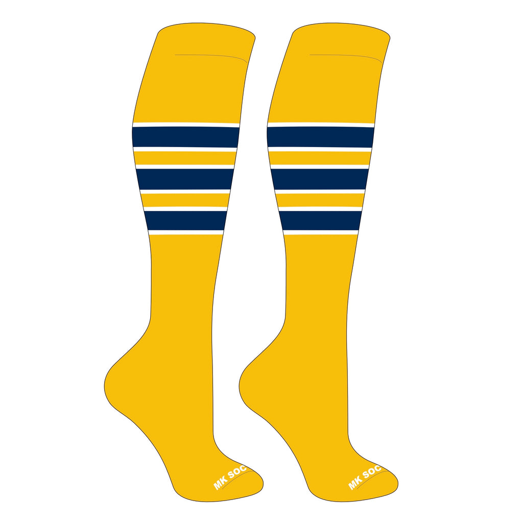 MK Socks Competitor OTC Baseball, Football Socks in Gold, White, and Navy Blue designed for optimal performance and comfort during sports activities.